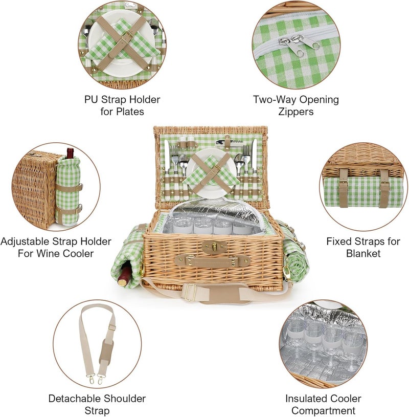 WILLOW WEAVE Picnic Basket for 4, Insulated Willow Picnic Baskets with Shoulder Strap, Picnic Hamper with Waterproof Picnic Blanket, Handmade Wicker Hamper for Outdoor Camping, GreenCheck - Image 4